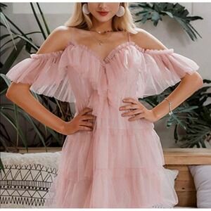 Fairy Princess Cottagecore Blush Pink Tulle Off Shoulder Mini Dress‎ Size S NWT